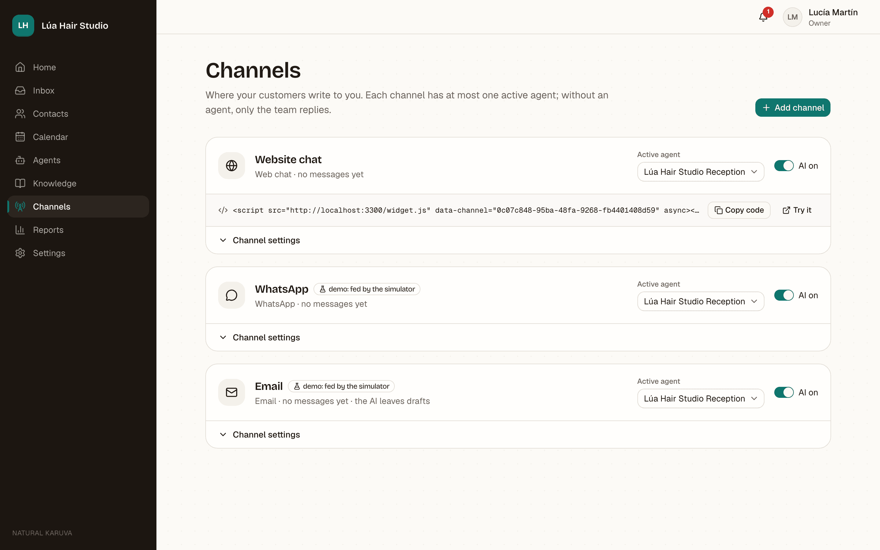 Natural Karuva screenshot: Your channels, connected